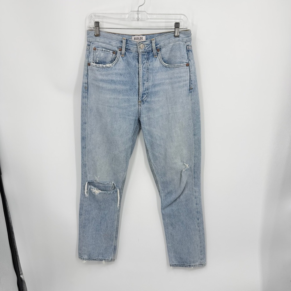 Agolde Riley high-rise distressed straight-leg cropped jeans light blue wash 26